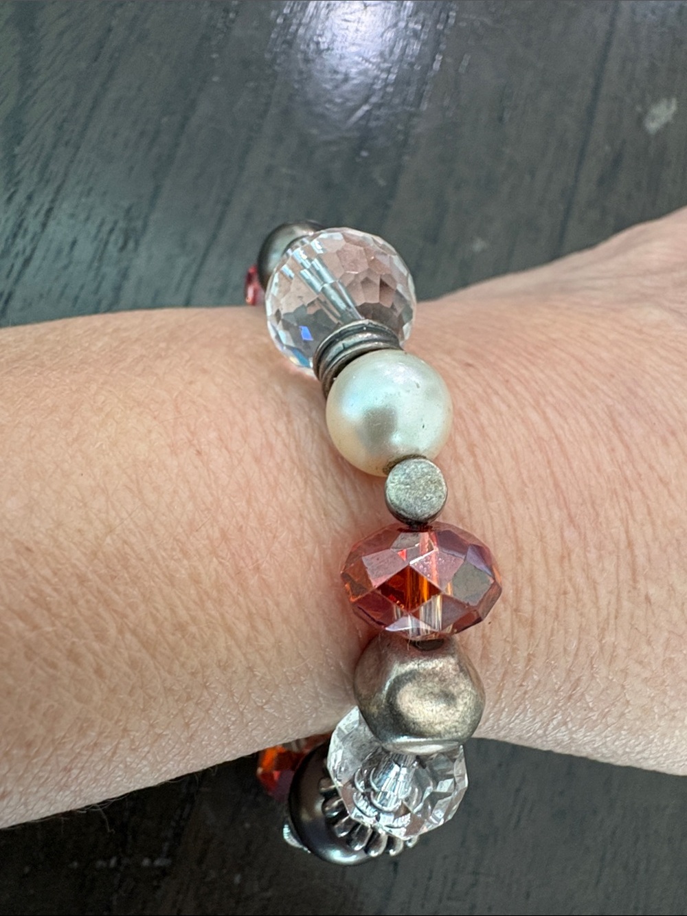 Sterling Silver Multi-Bead Bracelet in Clear, Pearl & Amber Tones